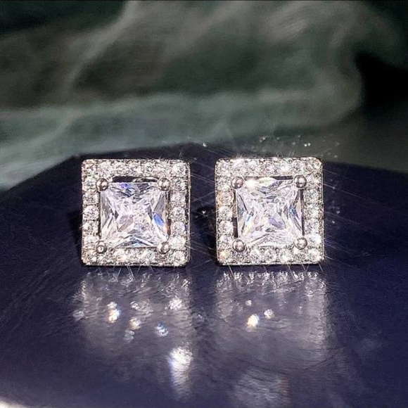 Elegant Cut CZ Stud Earrings Silver Color - Picture 2 of 4